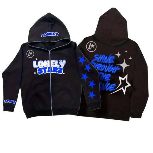 LONELYSTARZ:BLUE & BLACK STAR FULL ZIP HOODIE